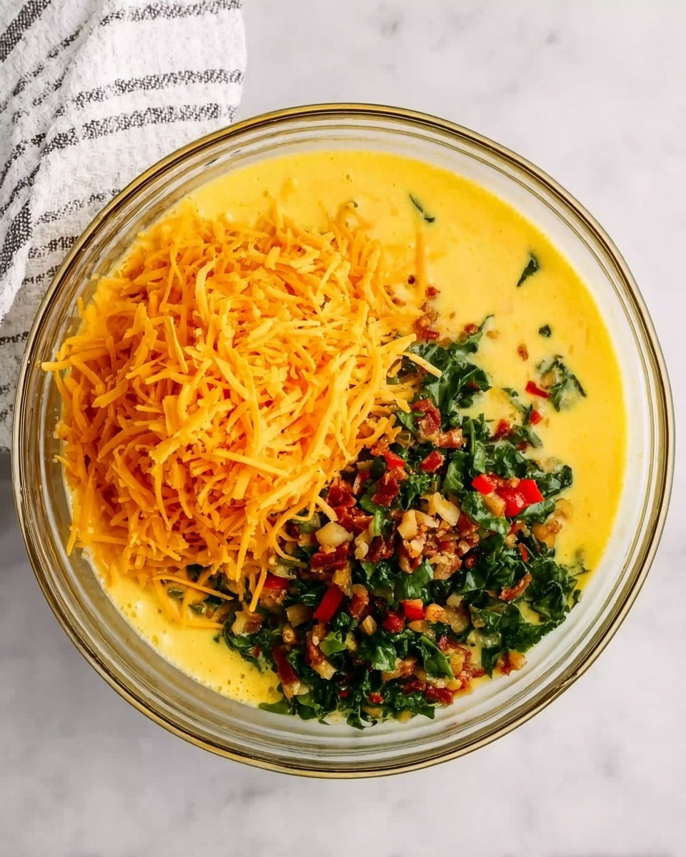A clear glass bowl on a white marbled surface holds a mixture with three distinct layers visible: the bottom layer is a bright yellow smooth liquid, likely eggs; on top of this, on one side, is a pile of shredded orange cheese with a soft texture; next to the cheese, on the other side, is a chopped vegetable mix with green leaves, red pieces, and small brown bits, creating a colorful contrast. Near the bowl, a white and gray striped cloth is partially visible. photo taken with an iphone --ar 4:5 --v 7