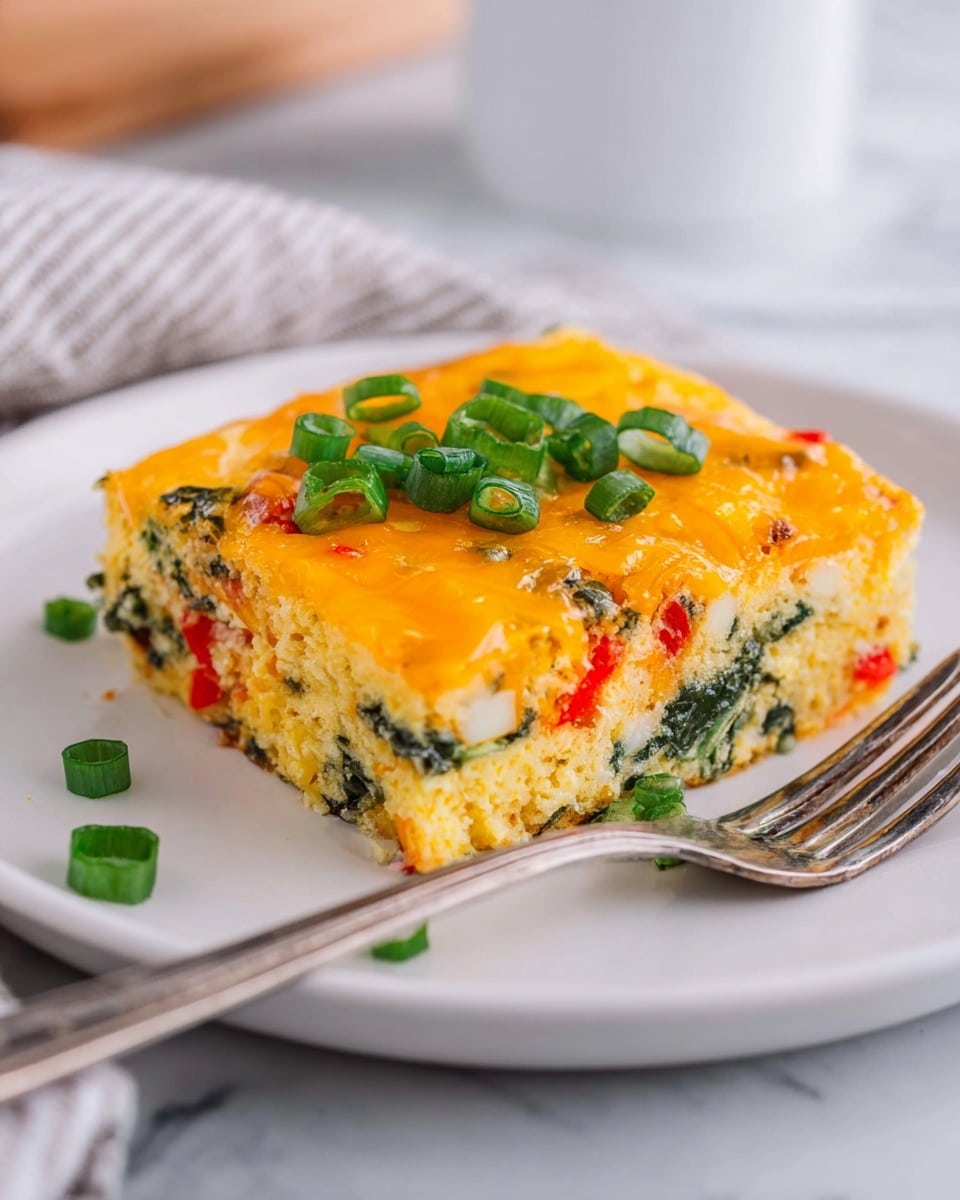 A square piece of egg casserole sits on a white plate with a silver fork beside it. The casserole has three layers: the base is a soft, light yellow egg mixture speckled with green spinach and small red bell pepper bits, the middle is filled with the same colorful vegetable mix with some white cheese pieces, and the top layer is melted bright orange cheddar cheese that slightly drips over the edges. Fresh, round green onion slices are sprinkled on top, adding a fresh, vibrant touch. The plate rests on a white marbled surface, with a soft, blurred background and part of a striped cloth visible. Photo taken with an iphone --ar 4:5 --v 7