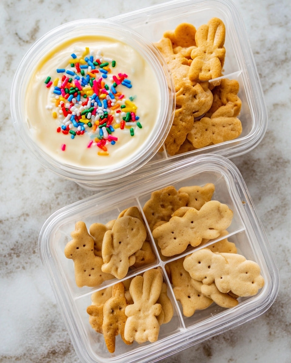 The image shows two clear plastic containers, each divided into two sections. One section has vanilla pudding topped with colorful sprinkles in red, blue, yellow, white, green, and orange colors. The pudding is smooth and creamy with a light beige color. The other section holds animal-shaped crackers in a light brown color, with clear details like bunny shapes and other small animal figures. The containers are placed on a white marbled surface, showing a clean and bright background. Photo taken with an iphone --ar 4:5 --v 7