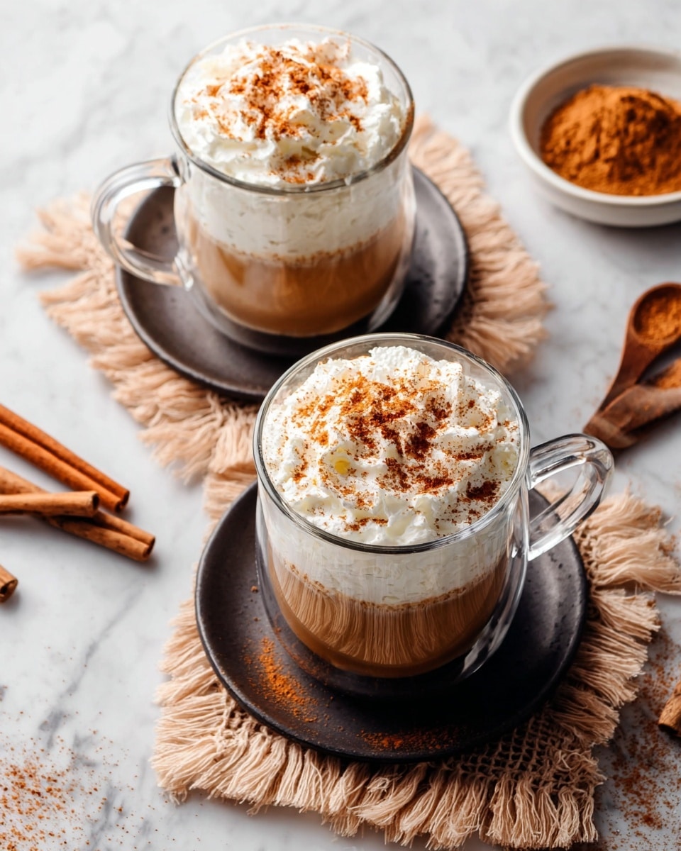 Two clear glass mugs with handles hold drinks with three visible layers: a light brown coffee layer at the bottom, a thick white whipped cream layer in the middle, and a dusting of cinnamon powder on top. Each mug sits on a dark plate with soft, beige fringed fabric underneath, all placed on a white marbled surface. Around the mugs, there are cinnamon sticks, a small wooden spoon with brown powder, and a white bowl with a similar powder nearby. The lighting is bright, showing clear textures of the creamy whipped topping and the spiced dusting photo taken with an iphone --ar 4:5 --v 7