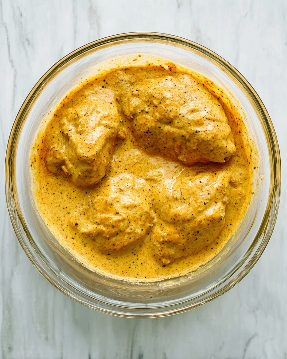 A top view of a clear glass bowl filled with four pieces of chicken covered in a thick yellowish-orange sauce with visible specks of black pepper, sitting on a white marbled surface. The sauce has a creamy texture, evenly coating each piece, with some slight peaks and valleys showing the sauce's thickness. Photo taken with an iphone --ar 4:5 --v 7