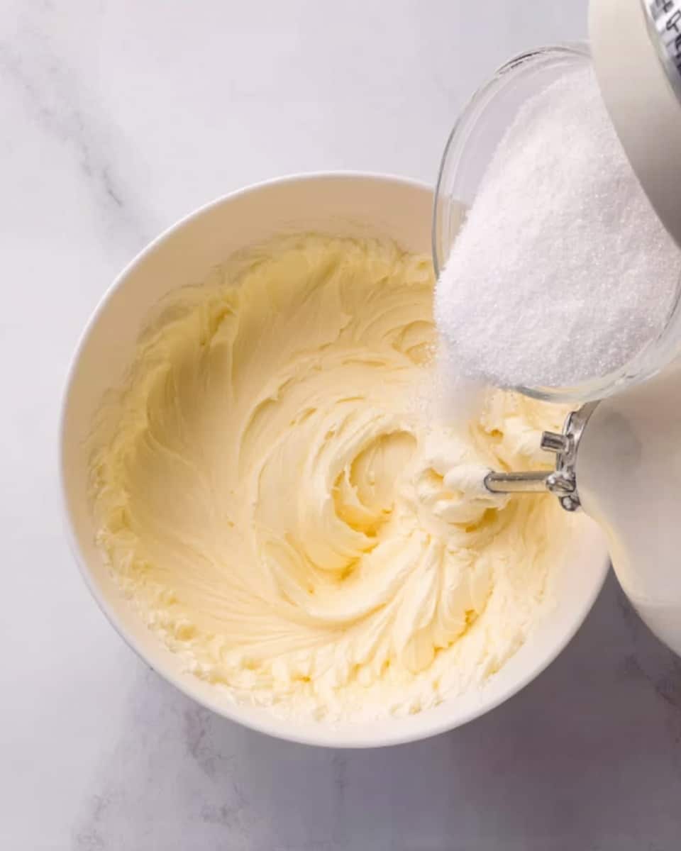 The image shows a white bowl on a white marbled surface filled with creamy, pale yellow butter being mixed by an electric hand mixer. A woman's hand is pouring white granulated sugar into the creamy mixture from a clear small bowl, creating a contrast with the smooth texture of the butter. The scene captures the action of blending two ingredients together, focusing on the soft, fluffy texture of the butter and the granular texture of the sugar. photo taken with an iphone --ar 4:5 --v 7