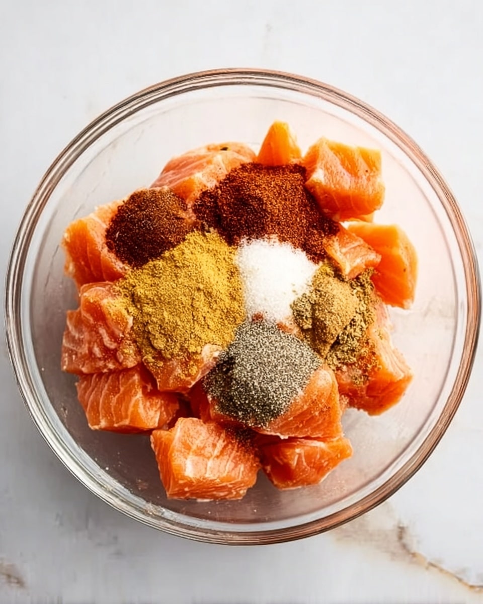 A clear glass bowl sits on a white marbled surface, filled with bright orange raw salmon pieces arranged in a loose mound. On top of the salmon, there are several piles of different spices—one dark red-brown, another light yellow, a small white powdery one, and a dark gray spice sprinkled over. The textures include the smooth, slightly shiny surface of the salmon cubes and the fine, powdery look of the spices. The scene is well-lit, showing clear details of the ingredients. photo taken with an iphone --ar 4:5 --v 7