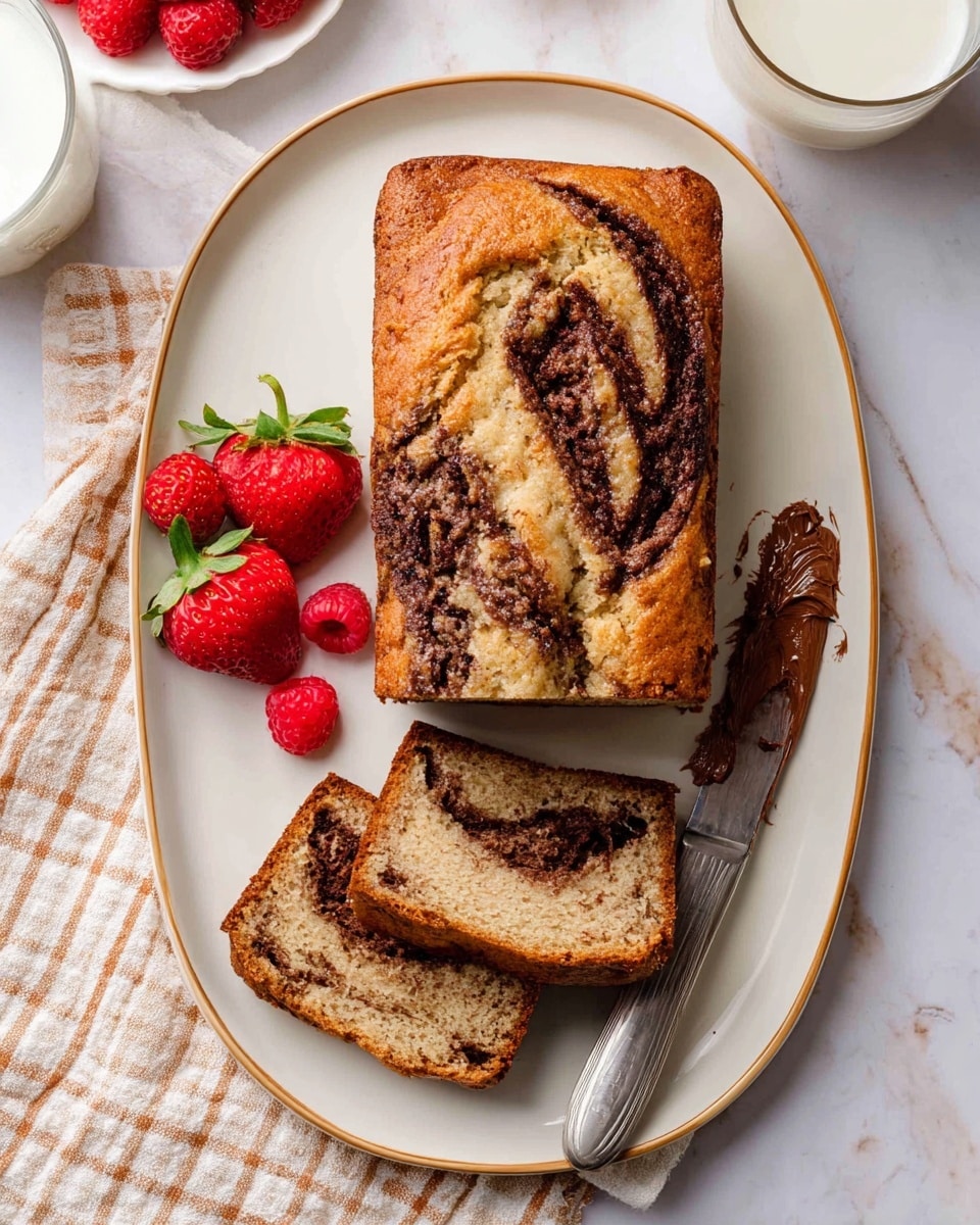 A white oval plate holds a loaf of banana bread with chocolate swirls, partially sliced to show two thick slices at the top with dark chocolate lines curving through the light brown bread. The whole loaf has a golden-brown crust with a crack down the center revealing a soft texture inside. To the left of the bread, there are four red strawberries and two red raspberries. On the right side of the plate, a silver knife with some chocolate spread on its blade rests. The plate is set on a white marbled surface with a beige and white checkered cloth nearby. Photo taken with an iphone --ar 4:5 --v 7