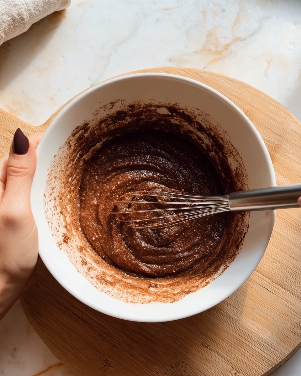 A white bowl filled with a thick, dark brown mixture being stirred with a small metal whisk, showing a swirled texture and a slightly grainy surface; the bowl has some mixture splattered along the inside edge. A woman's hand with painted nails holds the bowl at the bottom left corner. The bowl is placed on a light wooden round board with a white marbled background visible behind it. Photo taken with an iphone --ar 4:5 --v 7