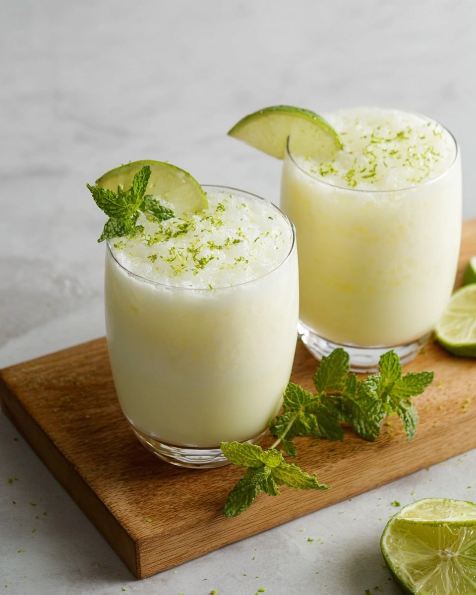 Two clear glasses each hold a creamy light yellow drink with a frothy, slightly bubbly texture on top, sprinkled with green lime zest. Each glass is filled with crushed ice, and one glass has a thin lime wedge and a small bright green mint leaf on the rim. They sit side by side on a light wooden board placed on a white marbled surface. Nearby, a lime wedge and fresh mint sprigs lay casually on the board. Photo taken with an iphone --ar 4:5 --v 7