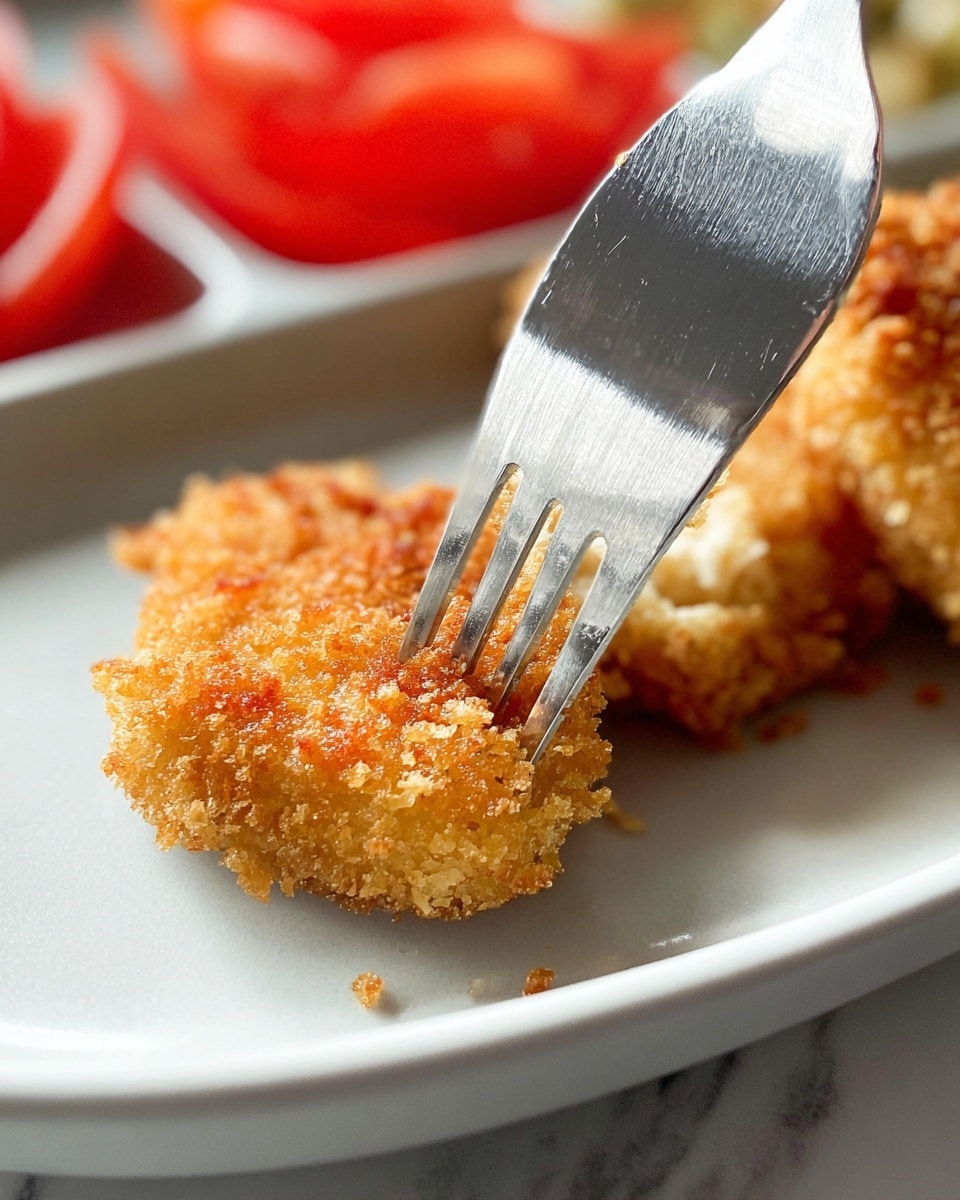 The image shows a close-up of a white divided plate on a white marbled surface. On the front section of the plate, there are two small, golden-brown, crispy fried pieces with a crunchy texture from a rough breaded coating. A silver fork is pressing into the right piece, with the fork’s tines slightly sinking into the crispy surface. In the background, the left section of the plate holds bright red tomato slices, with a juicy and slightly shiny texture. The lighting highlights the crunchiness of the fried pieces and the freshness of the tomatoes. Photo taken with an iphone --ar 4:5 --v 7