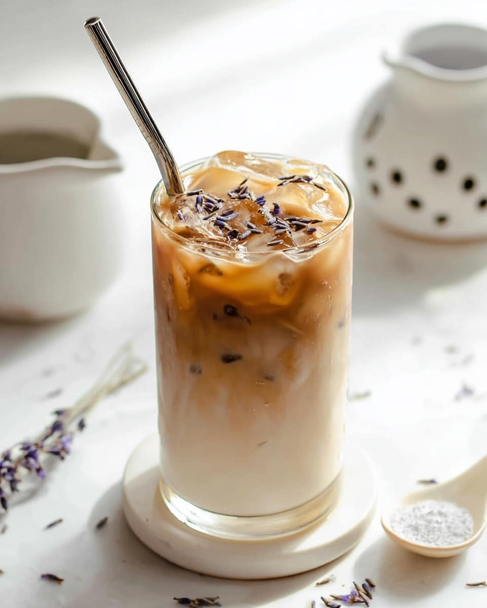 A tall clear glass filled with three layers of iced lavender latte: the bottom layer is creamy white, the middle layer is a soft light brown, and the top layer is a darker brown with visible ice cubes and small purple lavender buds scattered on the ice. A silver metal straw is inserted into the glass. The glass sits on a white round coaster on a white marbled surface. Nearby is a white spoon with some powdered ingredient and a small white ceramic creamer with holes in the design in the background, all softly lit in bright natural light photo taken with an iphone --ar 4:5 --v 7