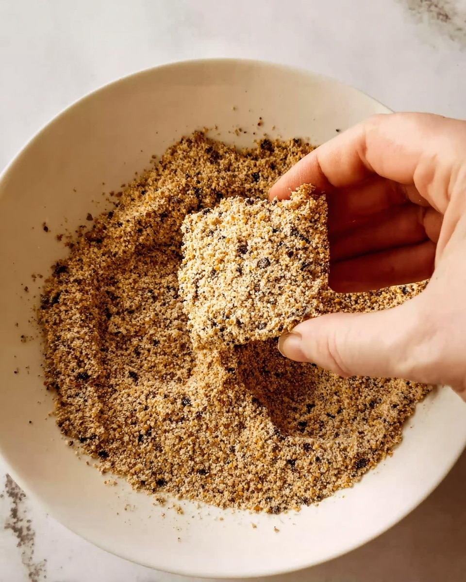 A woman's hand is holding a small piece of food covered in a mix of light brown crumbs with darker brown and black specks. The piece is being lifted from a white bowl filled with the crumb mixture, which has a rough and grainy texture. The surface around the bowl has a white marbled texture. photo taken with an iphone --ar 4:5 --v 7