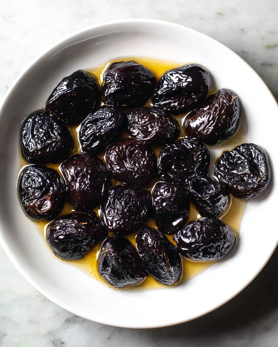 A white round plate sits on a white marbled surface, filled with a single layer of dark, shiny prunes carefully arranged to cover the plate evenly. Each prune is wrinkled with a glossy texture, showing slight variations in shape and size. A light amber syrup pools gently around and beneath the prunes, adding a subtle shine and contrast to the deep black-purple fruit. The image is evenly lit, emphasizing the moist and rich texture of the prunes photo taken with an iphone --ar 4:5 --v 7