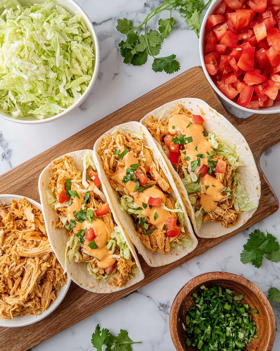 Three soft white tortillas are placed side by side on a wooden board filled with shredded light brown chicken mixed with small red tomato pieces and light green lettuce. The tacos are topped with a creamy orange sauce and sprinkled with green cilantro. To the left of the tacos is a white bowl of shredded light green lettuce, and above it a white bowl of shredded chicken. To the right of the tacos is a white bowl filled with chopped red tomatoes. A small brown wooden bowl with chopped green cilantro leaves sits on a white marbled surface beside some sprigs of fresh cilantro. photo taken with an iphone --ar 4:5 --v 7