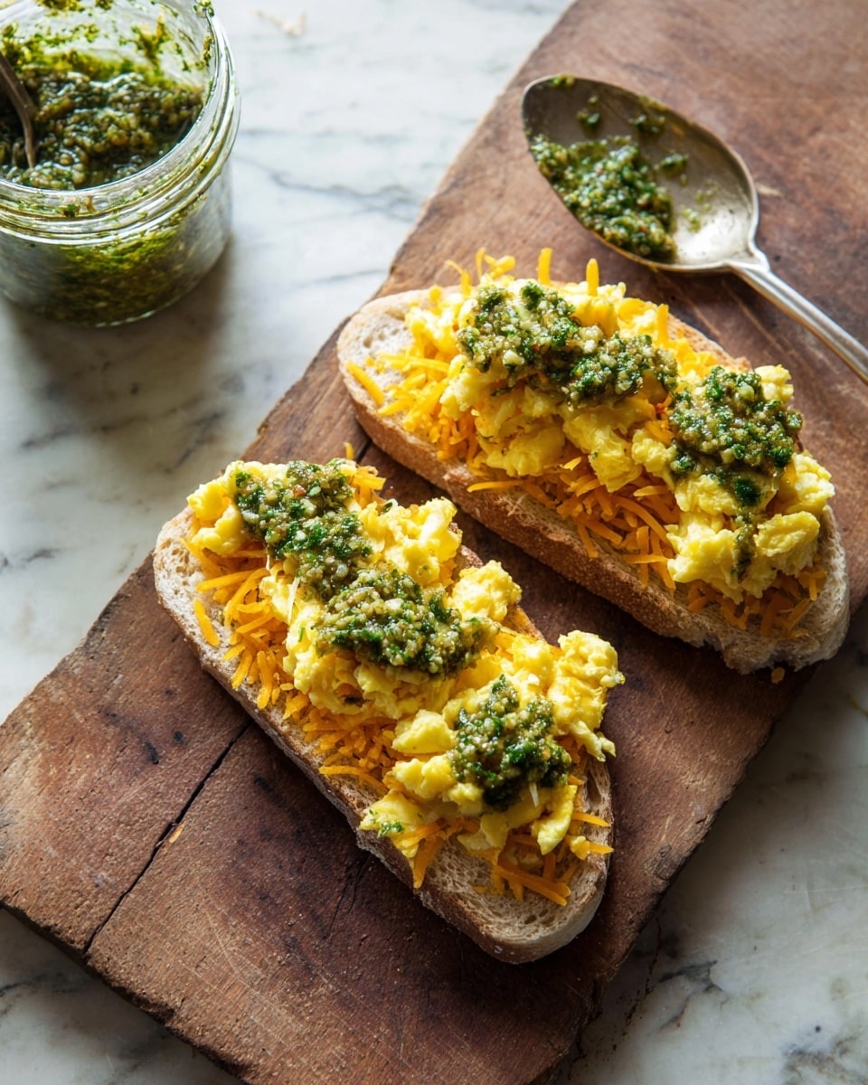 Two open sandwiches sit on a wooden board, each made with a base layer of light brown bread with a soft texture, topped with orange shredded cheese that spreads beyond the edges. On top of the cheese is a layer of fluffy, yellow scrambled eggs with a slightly creamy texture. The top layer is dollops of green pesto sauce, rough and chunky, spread unevenly across the eggs. To the top left, there is a glass jar filled with extra pesto, and to the right, a silver spoon with some pesto on it rests on the board. The whole scene is set against a white marbled surface. photo taken with an iphone --ar 4:5 --v 7