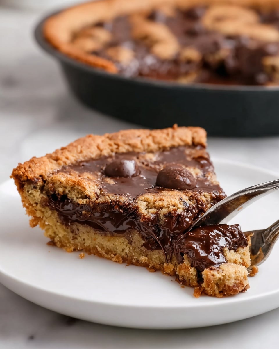 A slice of cookie pie is on a white plate sitting on a white marbled surface. The pie has two main layers: the bottom layer is a golden-brown cookie crust with a slightly crumbly texture, and the thick top layer is dark brown melted chocolate with a shiny, smooth surface and a few soft chocolate chunks scattered on top. A metal fork is pressing into the melted chocolate layer on the right side of the slice. In the background, there is a round black pan filled with the rest of the cookie pie, out of focus. photo taken with an iphone --ar 4:5 --v 7