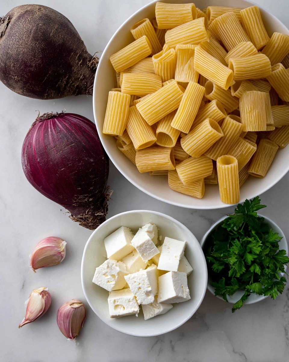 The image shows a white bowl full of uncooked rigatoni pasta with a yellow color and ridged texture, placed on a white marbled surface. Nearby, there is a smaller white bowl containing white cubes of feta cheese with a crumbly texture. Another small white bowl holds fresh green parsley leaves. On the surface are two whole dark purple beets with rough skin, a purple shallot with smooth skin, and four garlic cloves with their papery brown skins partially peeled. The arrangement is simple and natural, with ingredients spaced apart. photo taken with an iphone --ar 4:5 --v 7