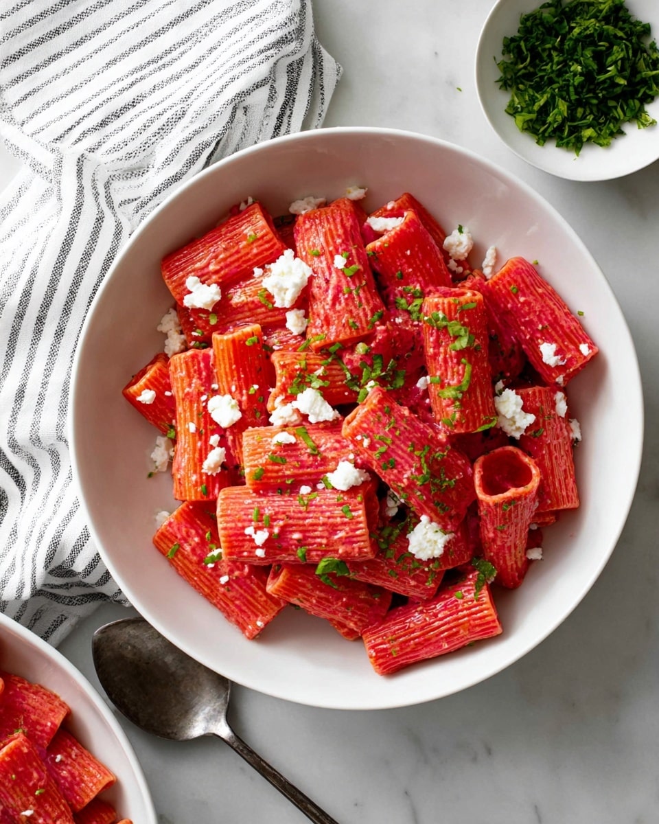 The image shows a white bowl filled with bright red rigatoni pasta coated in a smooth, creamy sauce. The pasta pieces are evenly coated and stacked, each tube showing its ridged texture and hollow center. Scattered on top are small white crumbles of cheese and finely chopped green herbs, adding contrast and a fresh look. In the top right, a small white dish holds a pile of chopped green herbs, while a white and gray striped cloth napkin lies next to it on a white marbled surface. A silver spoon rests near the bottom left of the main bowl. photo taken with an iphone --ar 4:5 --v 7