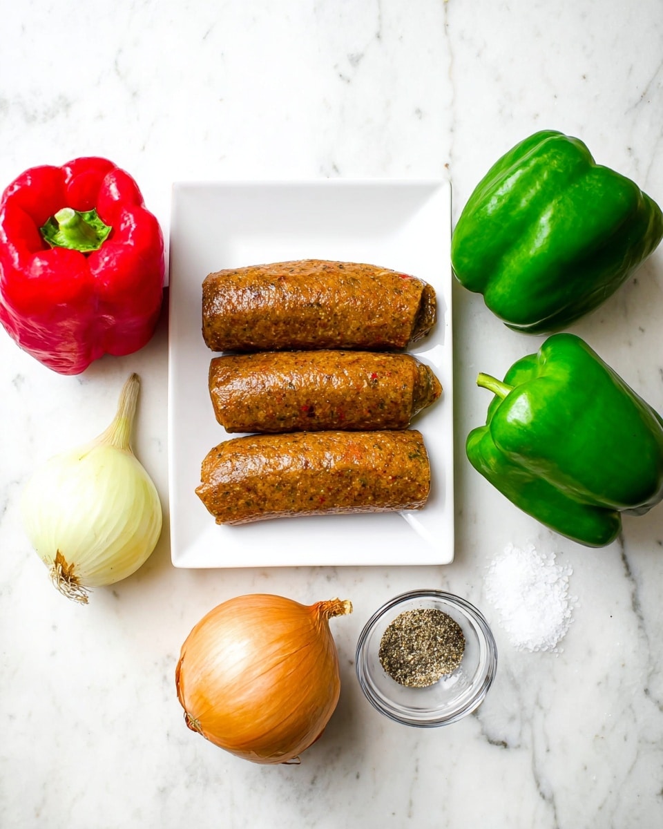 The image shows a white rectangular plate in the center with four brown seasoned sausages stacked in two layers, each sausage having a slightly rough texture with visible spices and bits of ingredients. Around the plate, on a white marbled surface, there are three green bell peppers on the right side, one red bell pepper on the left side, a whole yellow onion with its root attached at the bottom left, and a small clear glass bowl containing white salt and black pepper at the bottom right. The colors in the image are vibrant and natural, highlighting fresh vegetables and spiced sausages with a clean, bright setting. photo taken with an iphone --ar 4:5 --v 7