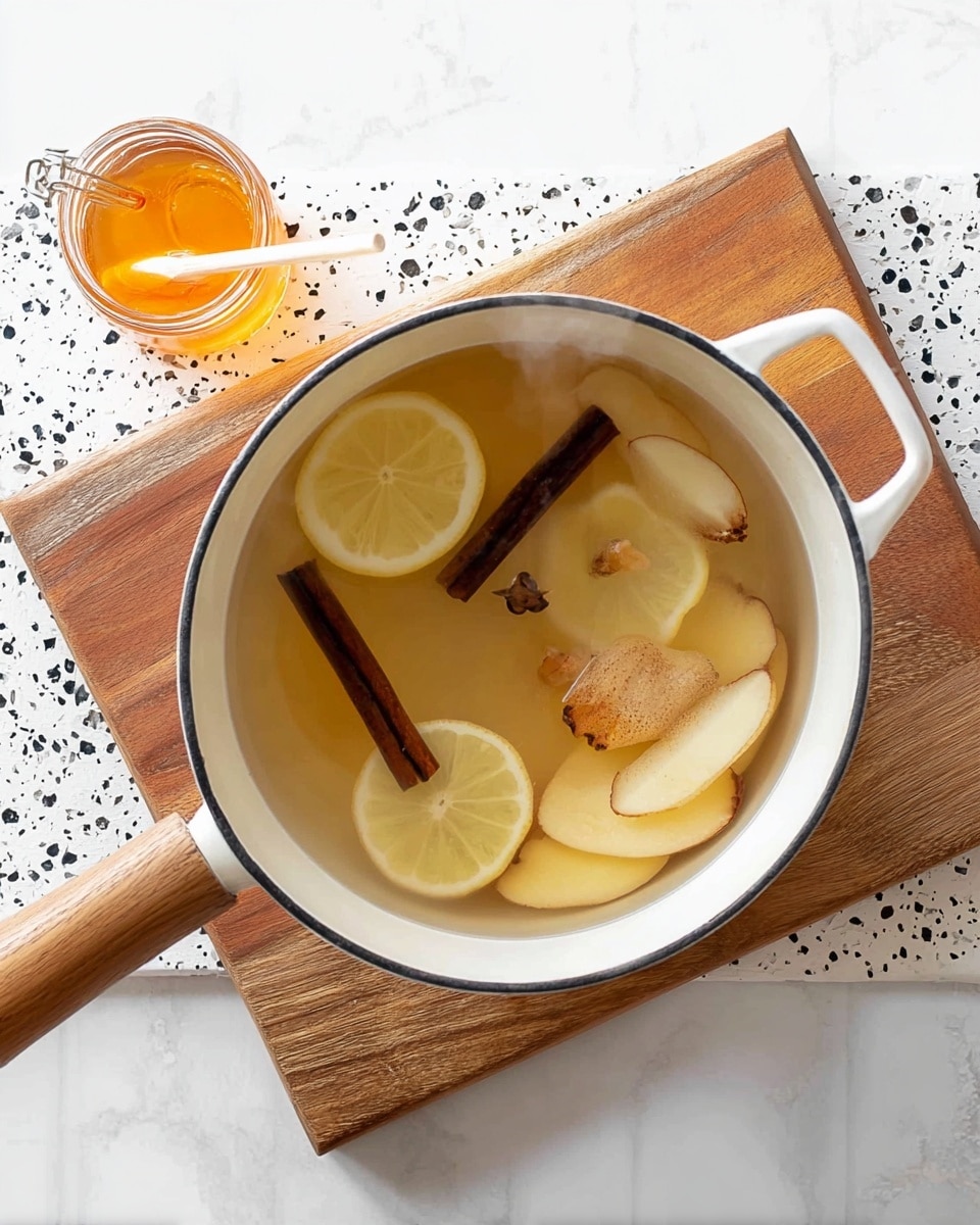 A white pot with a wooden handle is placed on a wooden cutting board over a white marbled surface with black speckles. Inside the pot, there is clear hot liquid with light steam, containing two dark brown cinnamon sticks, several thin lemon slices with pale yellow color, and thin slices of light brown ginger floating on the surface. Next to the pot, there is a small transparent jar with orange honey and a white spoon inside. Photo taken with an iphone --ar 4:5 --v 7