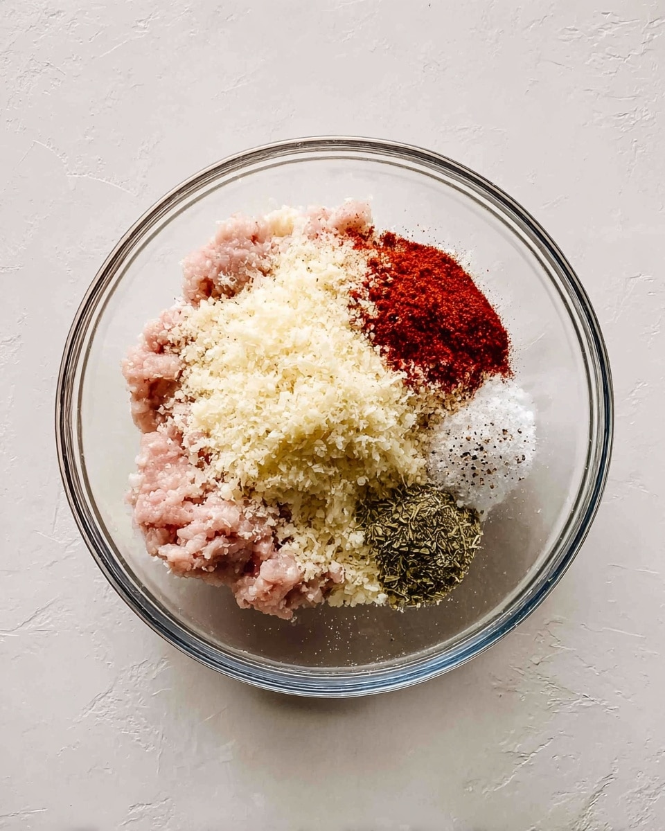 A clear glass bowl has five separate layers of ingredients on a white marbled surface. On the bottom left is pale pink ground meat with a soft texture. To the right of it is a large mound of finely grated pale yellow cheese, fluffy and light. Above the meat is a deep red powder spice, smooth and fine, while just next to it is a small pile of dried green herbs. Top right shows white granulated salt and ground black pepper with a speckled texture. The image is bright and clear with the bowl centered. Photo taken with an iphone --ar 4:5 --v 7