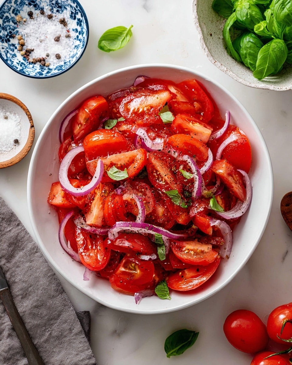 A white bowl filled with bright red tomato chunks mixed with thin rings of light purple onion, sprinkled with small pieces of green basil leaves and black pepper. The tomato pieces show juicy, smooth textures, while the onion rings add a slight crunch with their thin, translucent look. Scattered around the bowl on a white marbled surface are fresh basil leaves, a small white dish with coarse salt and pepper, and whole red tomatoes. A gray cloth is placed to the side, and a white bowl with a blue pattern holding bright green basil leaves is near the top right corner. Photo taken with an iphone --ar 4:5 --v 7