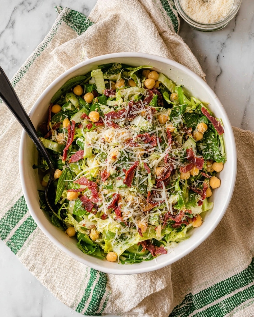 A white bowl filled with a fresh salad that has three main layers: a base layer of thinly sliced green leafy vegetables, a middle layer with small round beige chickpeas, and a top layer scattered with thin, dark red strips of cured meat and light-colored shredded cheese. The salad is lightly sprinkled with grated cheese or a similar fine topping. The bowl sits on a beige cloth with green stripes, all placed on a white marbled surface. A black spoon is partially inside the bowl. Photo taken with an iphone --ar 4:5 --v 7