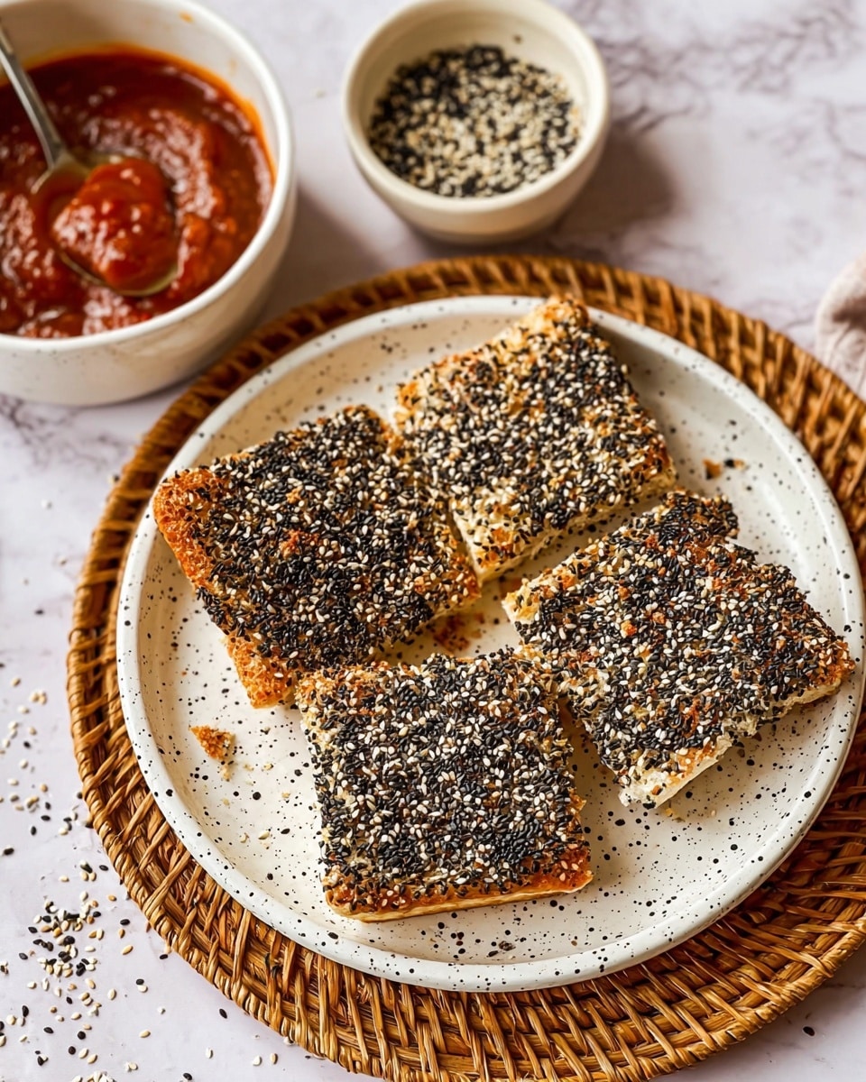 The image shows four square pieces of toasted bread covered with a mix of black and white sesame seeds, placed on a white speckled round plate. The toast has a golden brown color with some darker spots where it is more toasted. The plate is set on a round wicker charger, with a spoon resting under one corner of a toast piece. In the background, there is a small white bowl filled with a red sauce that has a thick texture and a spoon resting inside it, and another small white bowl containing a mix of black and white sesame seeds. The surface beneath everything has a white marbled texture. photo taken with an iphone --ar 4:5 --v 7