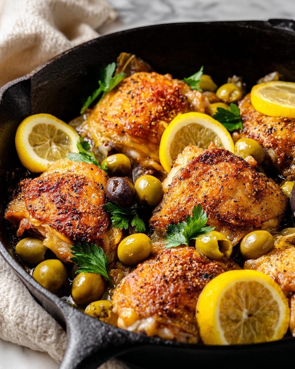A close-up view of a black cast iron pan filled with five pieces of golden-brown crispy chicken skin, surrounded by several slices of bright yellow lemon and green olives. The chicken pieces have a textured, roasted surface, speckled with black pepper, and are spaced evenly across the pan. Scattered fresh green parsley leaves add a touch of color and freshness, while a white marbled surface can be seen in the background. The scene is softly lit, highlighting the juicy, cooked look of the chicken and the vibrant citrus. photo taken with an iphone --ar 4:5 --v 7