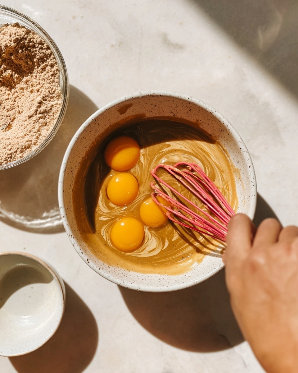A close-up top view shows a white speckled bowl filled with a light brown mixture and four whole raw egg yolks on top. A woman's hand holds a small red whisk, swirling it into the mixture, creating smooth swirls in the thick batter. Part of a clear glass bowl filled with light brown powder and a small white bowl are visible on a white marbled surface around the main bowl. The lighting casts soft shadows from the whisk and bowls, adding warmth and depth to the scene. photo taken with an iphone --ar 4:5 --v 7