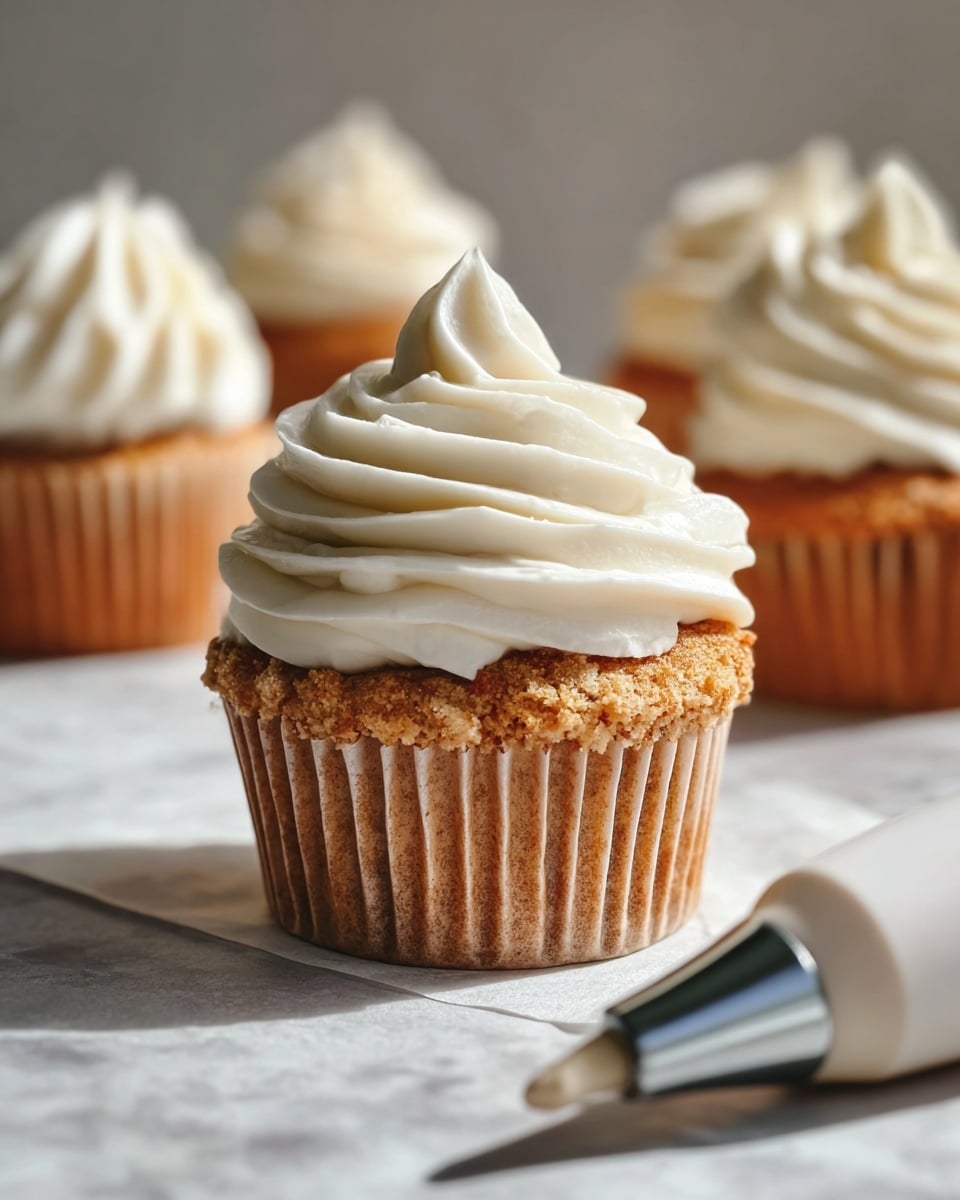 A close-up view of four brown cupcakes on a white marbled surface, with the nearest cupcake topped with a thick, smooth white cream in a swirled pattern, creating a tall, soft peak. The cupcake base shows a crumbly, textured surface with small bits visible, and the paper liner is ribbed and light brown. In the foreground, a blurred icing piping bag with a metal tip rests on the white marbled surface. Other cupcakes in the background are similar but out of focus. Photo taken with an iphone --ar 4:5 --v 7
