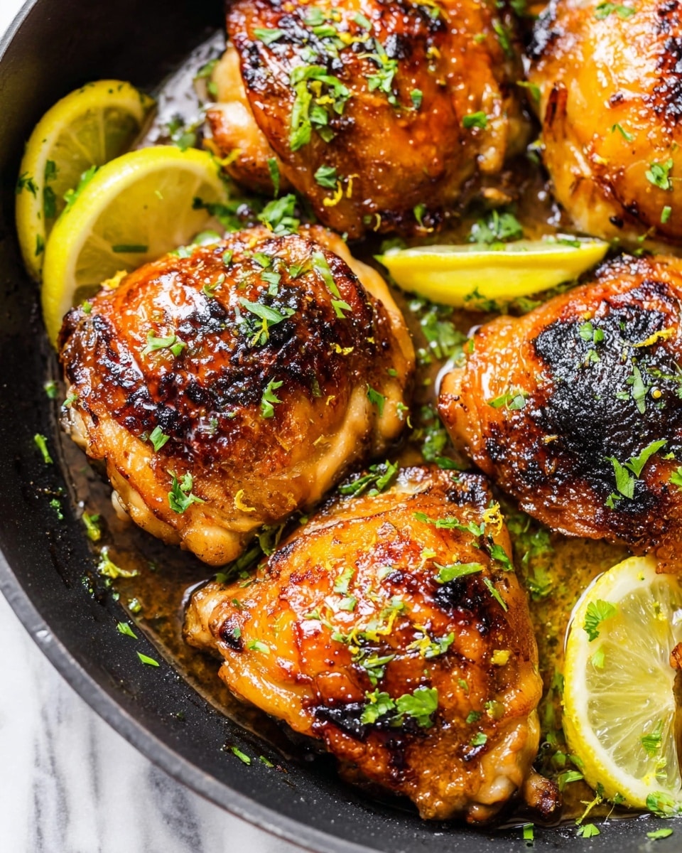 The image shows a close-up of five golden-brown grilled chicken thighs with crispy skin, arranged in a black pan on a white marbled surface. The chicken pieces have charred dark spots and are topped with chopped green herbs. Bright yellow lemon wedges are placed between the chicken, adding a fresh contrast. The chicken appears juicy and glazed, with some lemon zest sprinkled on top. photo taken with an iphone --ar 4:5 --v 7