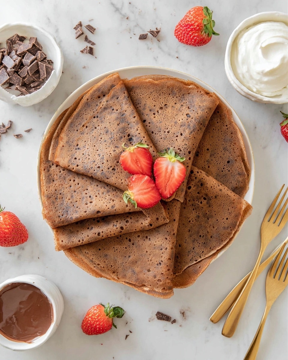 A white plate is filled with multiple thin chocolate crepes folded into quarters and stacked neatly in a circle, showing their soft and slightly spotted brown texture. On top of the crepes are three bright red strawberries, two halved and placed near the center and one whole strawberry near the edge. Around the plate on a white marbled surface are small pieces of chocolate curls, a bowl of white whipped cream, and a small white bowl with chocolate sauce inside. There are also a few whole strawberries and two gold forks near the corners of the image, making the scene inviting and fresh. Photo taken with an iphone --ar 4:5 --v 7