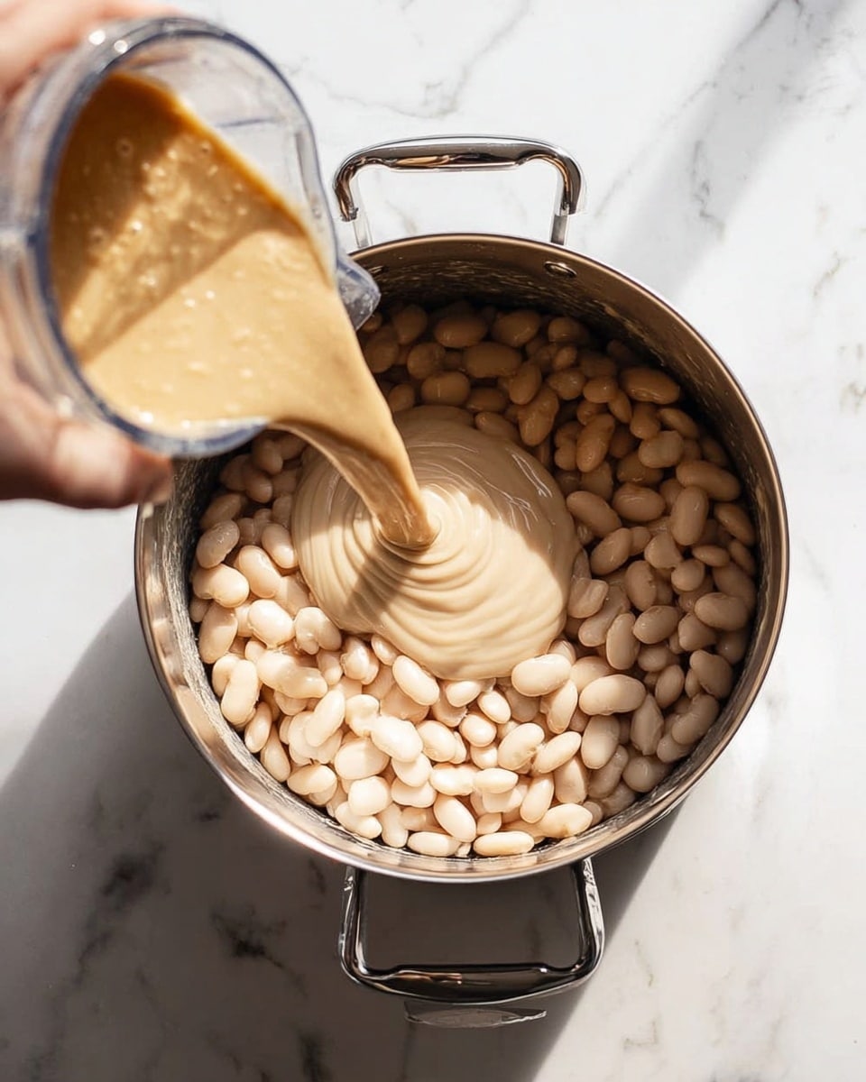 The image shows a stainless steel cooking pot filled with cooked white beans on the right side and a creamy beige sauce being poured into it from a blender jar on the left side. The texture of the beans is soft and smooth, while the sauce appears thick and flowing slowly in a spiral. The pot has a shiny metal handle on the side and is placed on a white marbled surface. A woman's hand is holding the blender jar while pouring the sauce. The scene is bright with natural light highlighting the colors and textures of the ingredients. photo taken with an iphone --ar 4:5 --v 7