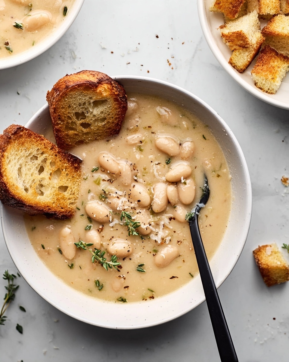 A white bowl filled with thick, creamy white bean soup showing white beans and small herbs sprinkled throughout the soup. Two slices of toasted bread with a golden-brown crust rest on the edge of the bowl. A black spoon is placed inside the soup near the right side of the bowl. The background is a white marbled surface, with two partial views of other white bowls containing similar soup; one has small toasted bread cubes on top, and the other has a few scattered bread pieces. Some small thyme sprigs are scattered near the bowl. photo taken with an iphone --ar 4:5 --v 7