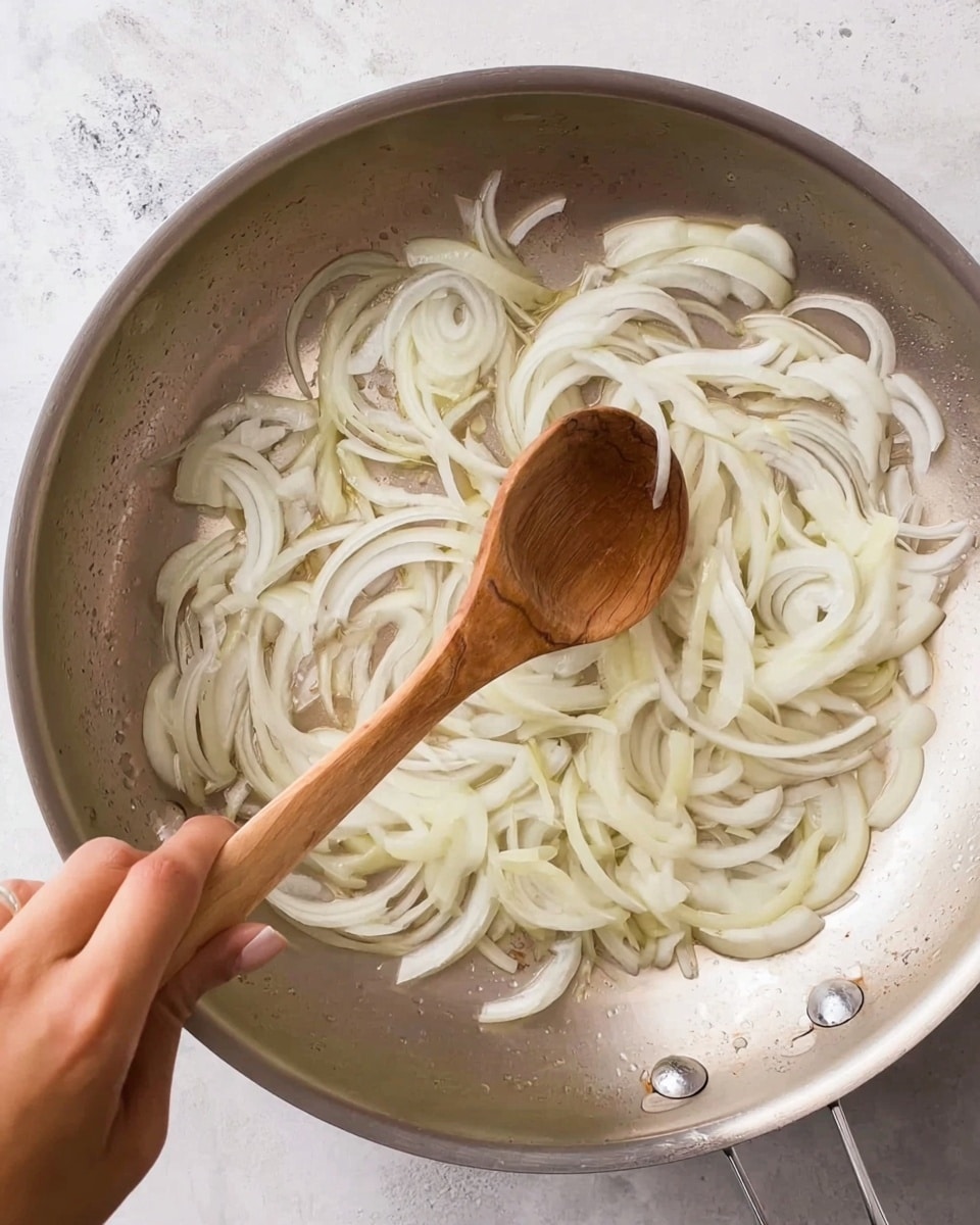 A close-up view of a silver metal pan on a white marbled surface, containing sliced white onions spread thinly across the bottom. A woman's hand holds a wooden spoon stirring or pushing the onions around. The wooden spoon has a smooth texture and light brown color, while the onions have translucent white and pale yellow hues. The pan shows some light reflections on its shiny metal surface with slight heat marks. photo taken with an iphone --ar 4:5 --v 7