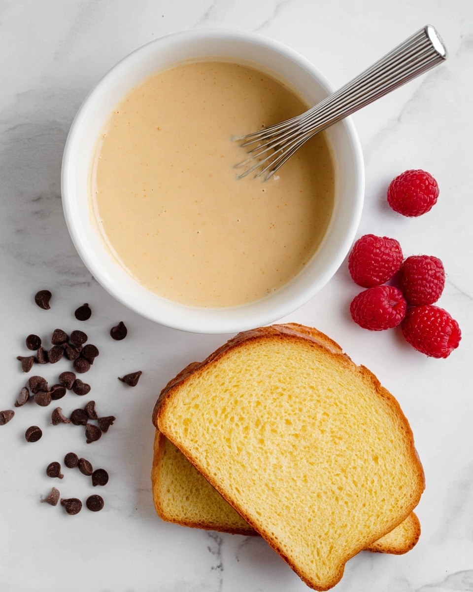 A white bowl filled with smooth, light beige batter sits on a white marbled surface, with a small metal whisk resting inside the batter. To the right of the bowl, there are four bright red raspberries arranged loosely. Below the raspberries, two slices of golden-yellow bread with a soft texture and light brown crust lay slightly overlapping. To the left of the bread, a small group of dark chocolate chips is scattered on the white marbled surface. The photo taken with an iphone --ar 4:5 --v 7