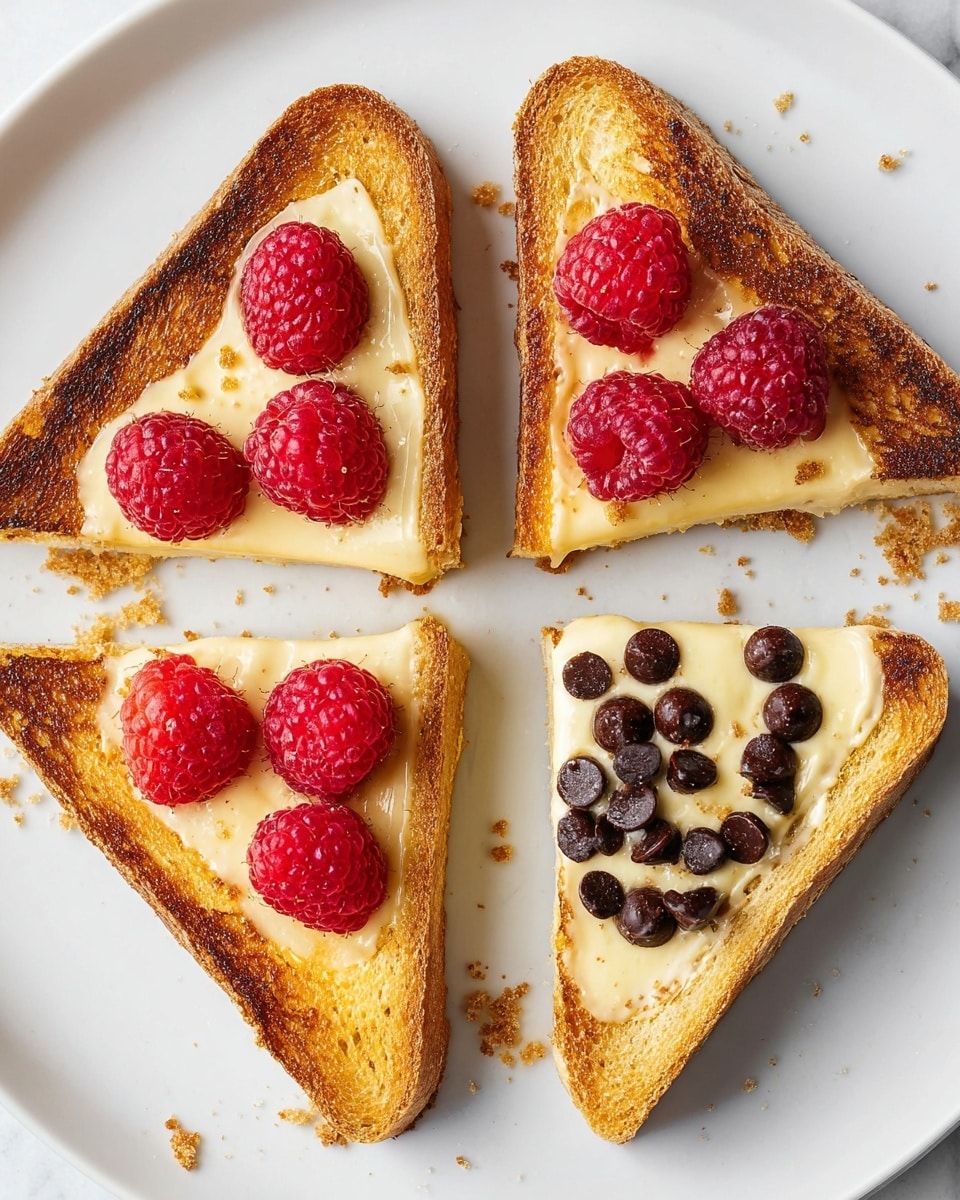 The image shows four small triangular toast pieces on a white plate with a white marbled background. Each piece has three layers: the bottom golden-brown toasted bread with a crispy texture, a smooth pale yellow creamy layer spread evenly on top, and fresh toppings. Two pieces are topped with bright red raspberries, each piece having two to three raspberries centered on the creamy layer. The other two pieces have shiny dark brown chocolate chips sprinkled evenly on the creamy layer. There are some breadcrumbs scattered around the plate. photo taken with an iphone --ar 4:5 --v 7