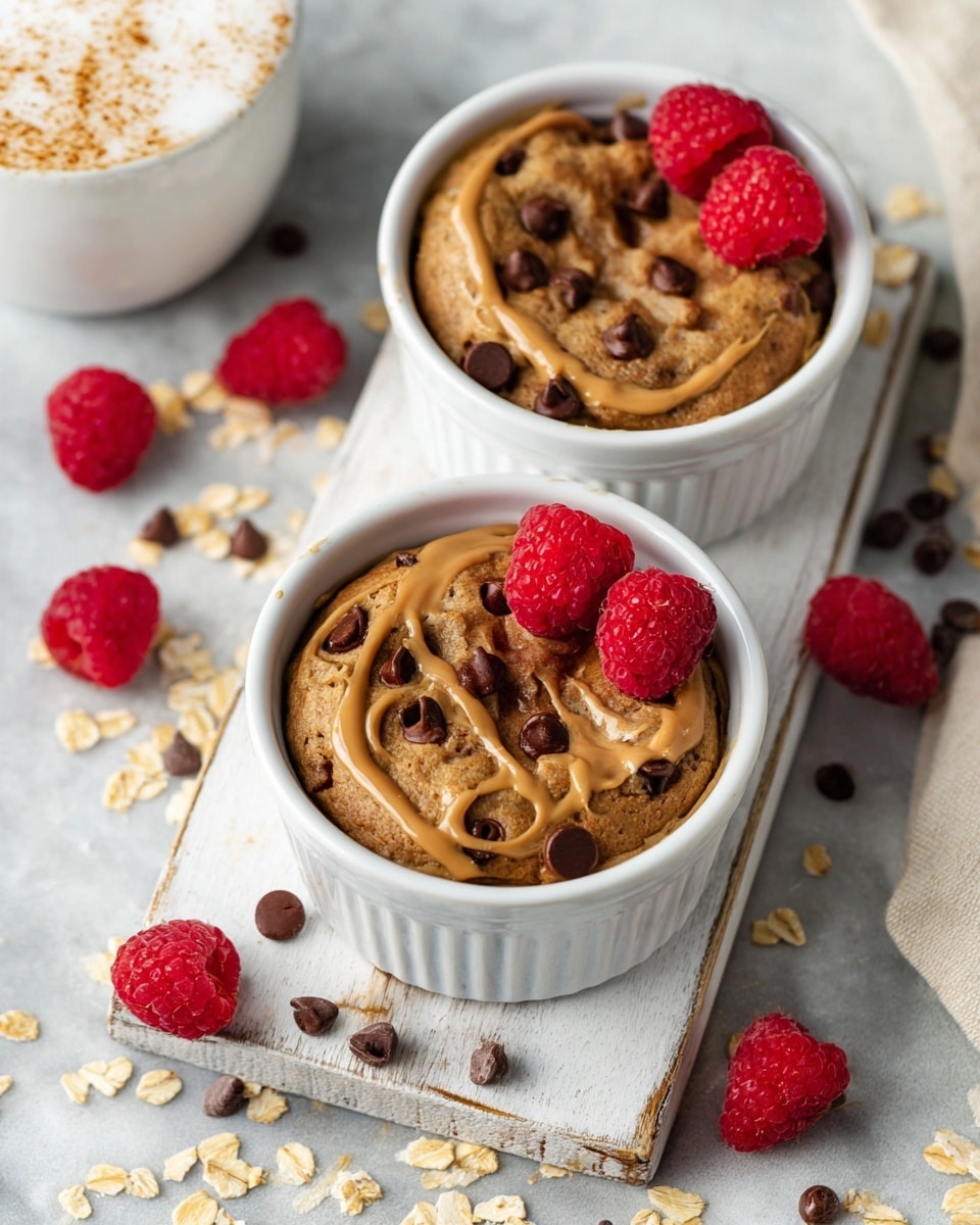 Two white ramekins each hold a single round chocolate chip muffin with a light brown, soft texture. The muffins are topped with streaks of smooth almond butter and three bright red raspberries each, placed on one side. The ramekins sit on a white wooden board sprinkled with scattered oats and chocolate chips. Around the board, on the white marbled texture, are more raspberries, oats, and chocolate chips. A cup of coffee with thick white foam and light brown powder on top is partially visible in the background. Photo taken with an iphone --ar 4:5 --v 7