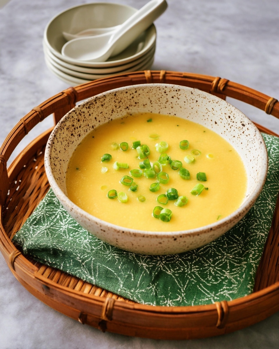 A speckled white bowl filled with smooth yellow soup topped with small, bright green chopped scallions. The bowl sits inside a round brown wicker tray with wooden handles resting on folded green patterned cloth. In the background on a white marbled surface, there is a stack of white ceramic soup spoons. Photo taken with an iphone --ar 4:5 --v 7