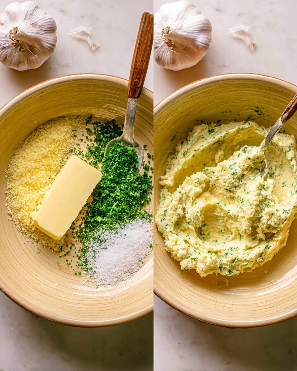 Two side-by-side images show the process of making a herb butter mix in a beige bowl on a white marbled surface with a whole garlic bulb nearby. On the left side, the bowl contains distinct layers: a large block of pale yellow butter on the bottom left, finely chopped light yellow garlic at the bottom, grated pale yellow parmesan cheese covering most of the bowl, bright green chopped herbs scattered on top, and a small pile of white salt near the butter. A spoon with a wooden handle rests inside the bowl. On the right side, the ingredients are fully mixed into a pale yellow creamy spread with small green herb flecks throughout, showing a smooth and firm texture with a spoon inside. Photo taken with an iphone --ar 4:5 --v 7