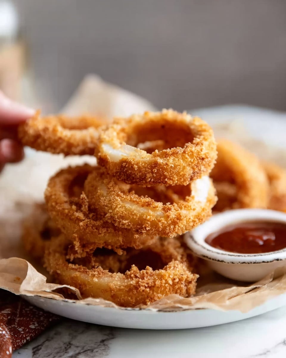 A close-up of golden brown onion rings stacked on a white plate lined with brown parchment paper, showing their crunchy texture with crispy crumbs all over. The onion inside is white and soft, visible through the round openings. The plate is on a white marbled surface with a small round dish of red sauce nearby. A woman's hand is about to pick up one onion ring. The background is softly blurred with neutral tones. photo taken with an iphone --ar 4:5 --v 7