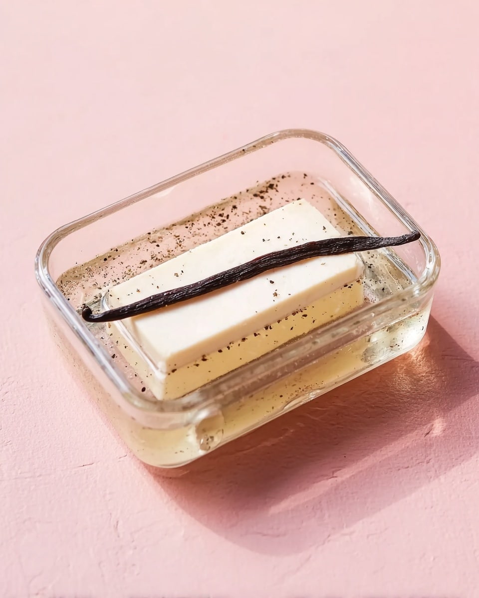 A clear rectangular glass container sits on a white marbled surface with a soft pink background. Inside, there is a smooth, white rectangular block floating in a translucent liquid. Near the block, a long dark vanilla bean pod rests on the liquid’s surface, and tiny black specks from the pod are scattered throughout the liquid and on the block. The overall look is clean and simple, highlighting the contrast between the white block and the dark vanilla pod. Photo taken with an iphone --ar 4:5 --v 7