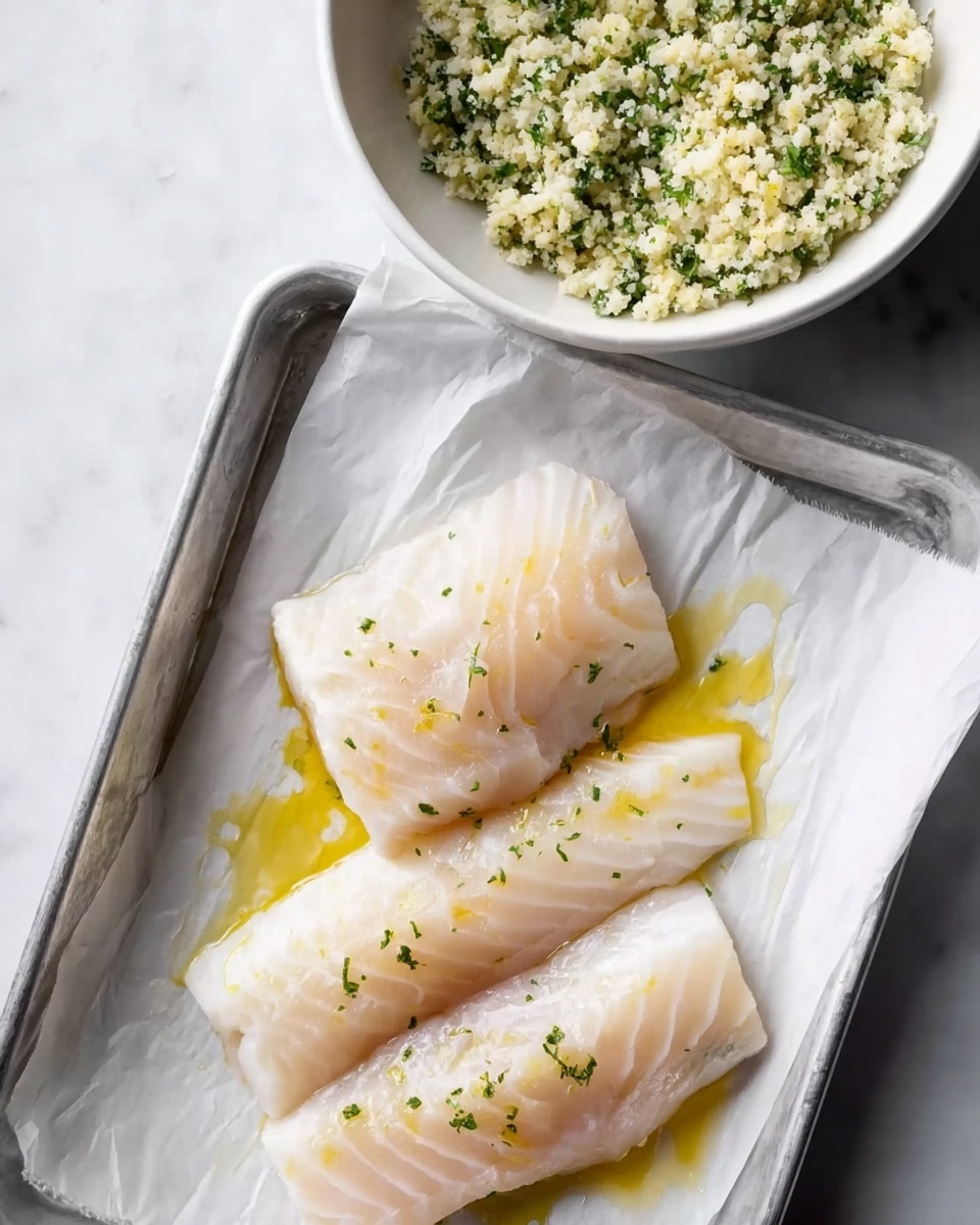 The image shows three pieces of pale raw fish fillets with a light drizzle of yellow oil on top, lying on white parchment paper that covers a silver metal tray. To the right side of the tray, there is a large white bowl filled with a crumbly mixture that has green herbs sprinkled throughout. The scene is set on a white marbled surface. photo taken with an iphone --ar 4:5 --v 7