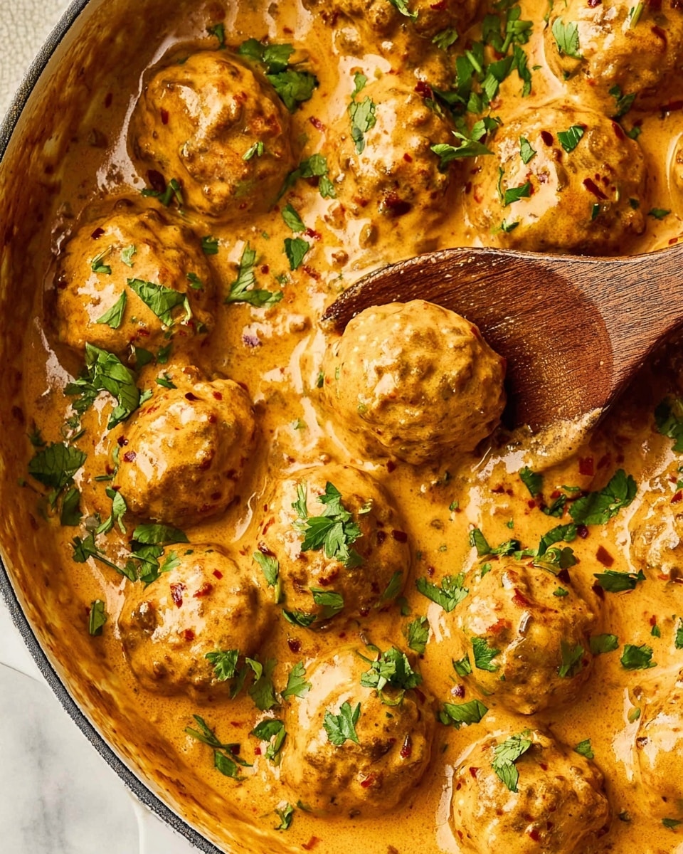 The image shows round meatballs in a rich, creamy orange sauce with visible bits of onions and spices. The meatballs are covered evenly with the sauce and scattered across a white dish or pan. Bright green chopped herbs are sprinkled on top, adding contrast to the warm colors. A wooden spoon holds one meatball coated with sauce, resting among the others. The background is a white marbled texture. photo taken with an iphone --ar 4:5 --v 7