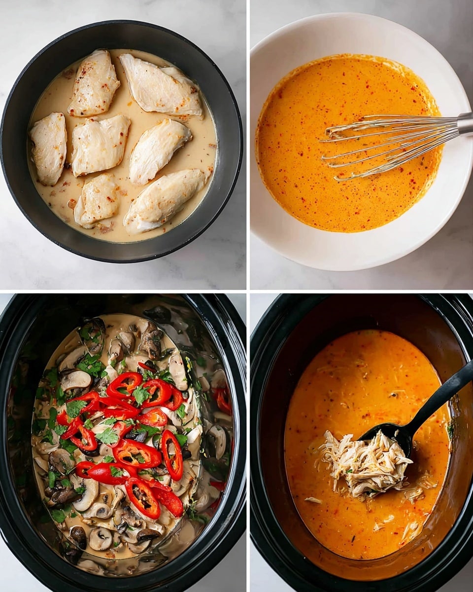 The image shows four stages of making a creamy chicken dish. The top left shows four pieces of chicken cooking in a black pan, each piece pale with light brown sear marks. The top right shows a white bowl with an orange creamy sauce being mixed with a metal whisk. The bottom left shows a black slow cooker filled with sliced mushrooms at the bottom, topped with red pepper strips and chopped fresh green herbs, all in a reddish creamy sauce. The bottom right shows the cooked dish in the slow cooker, where the sauce turns deeper orange, mixed with shredded chicken and mushroom pieces, with a black spoon scooping some of it. The scene sits on a white marbled texture photo taken with an iphone --ar 4:5 --v 7