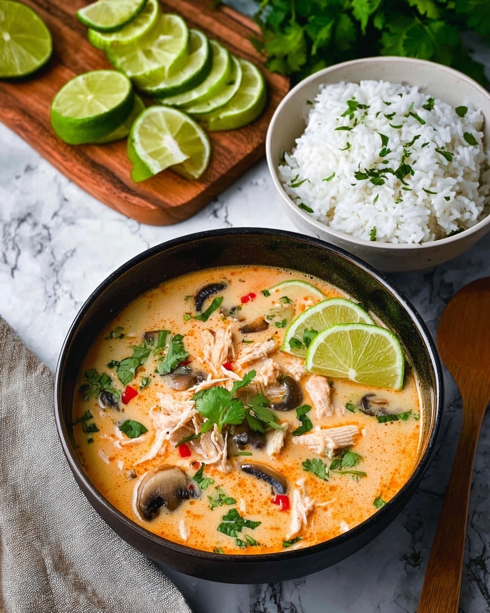 A deep dark bowl filled with three layers visually: at the bottom, a creamy light orange soup base, in the middle, scattered shredded light pink chicken pieces, sliced dark brown mushrooms, small red pepper bits and green herbs, and on top, four lime wedges around the edge with fresh green cilantro leaves sprinkled across. To the right, a white bowl holds fluffy white rice with small green herb pieces sprinkled on top. In the background, a wooden board holds many thin light green lime slices, while a wooden bowl on the left shows lime quarters inside. Everything sits on a white marbled surface with a soft natural light. Photo taken with an iphone --ar 4:5 --v 7