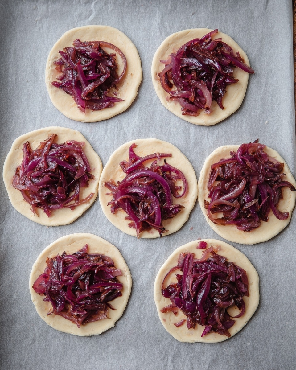 Seven small round dough discs are laid out on a grey parchment sheet, each topped with a generous pile of cooked reddish-purple onions. The dough discs are pale beige with smooth edges and slight rings near the border. The cooked onions have a mix of dark purple and reddish shades, soft with some slight shine, spread loosely in the center of every dough circle. The image shows a clean and simple preparation stage before baking, captured from above. photo taken with an iphone --ar 4:5 --v 7