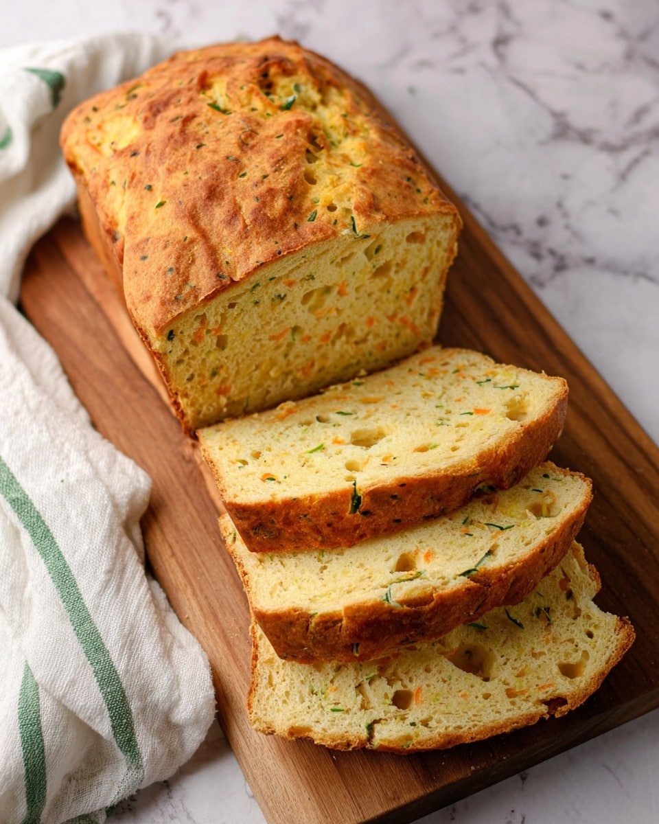A loaf of light yellow cornbread is shown on a wooden board with a white marbled background. The bread is soft with a slightly rough texture and small green herb bits spread inside. Two thick slices are cut from the loaf and lie in front of it, showing a moist, spongy inside with tiny holes and green specks. The crust is golden and looks lightly crispy. A white and green checkered cloth is partly visible in the background. Photo taken with an iphone --ar 4:5 --v 7