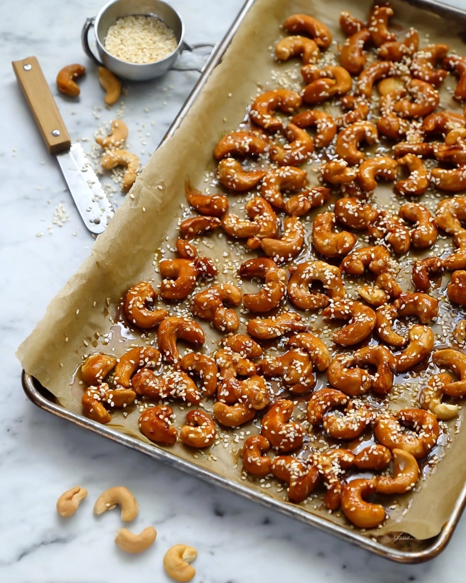 A silver baking tray lined with light brown parchment paper filled with a single layer of shiny, caramel-colored roasted cashews, each sprinkled with small white sesame seeds. The nuts are unevenly spread, showing sticky syrup pooling slightly between them. In the background, lying on a white marbled surface, there are a few raw cashews scattered near a metal measuring spoon filled with sesame seeds and a butter knife near the top left corner. Photo taken with an iphone --ar 4:5 --v 7