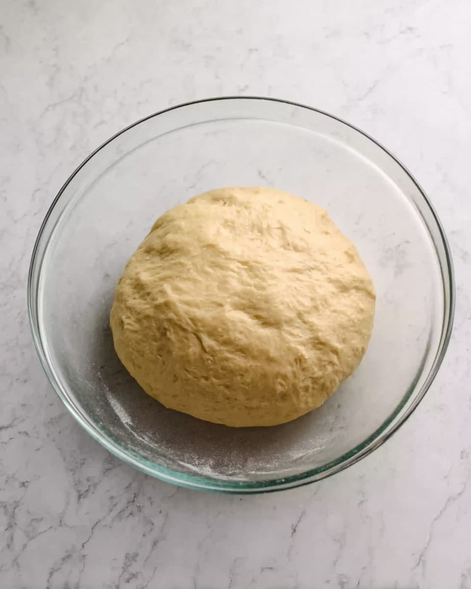 A smooth, round dough ball placed in a clear glass bowl resting on a white marbled surface. The dough has a pale beige color with a slightly shiny, soft texture and looks well-kneaded. The bowl is simple and transparent, showing the dough clearly inside, with no other items present around it. photo taken with an iphone --ar 4:5 --v 7