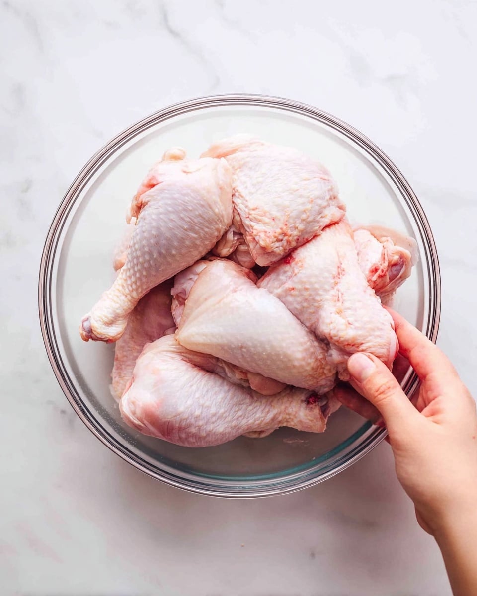 A clear glass bowl filled with several raw chicken pieces including drumsticks and thighs, showing pale pink and white skin textures with some visible blood spots, is placed on a white marbled surface. A woman's hand is holding one of the drumsticks on the right side of the bowl, with light skin tone, visible fingers, and natural nails. The scene is bright and clean with soft natural light highlighting the texture of the chicken skin. photo taken with an iphone --ar 4:5 --v 7