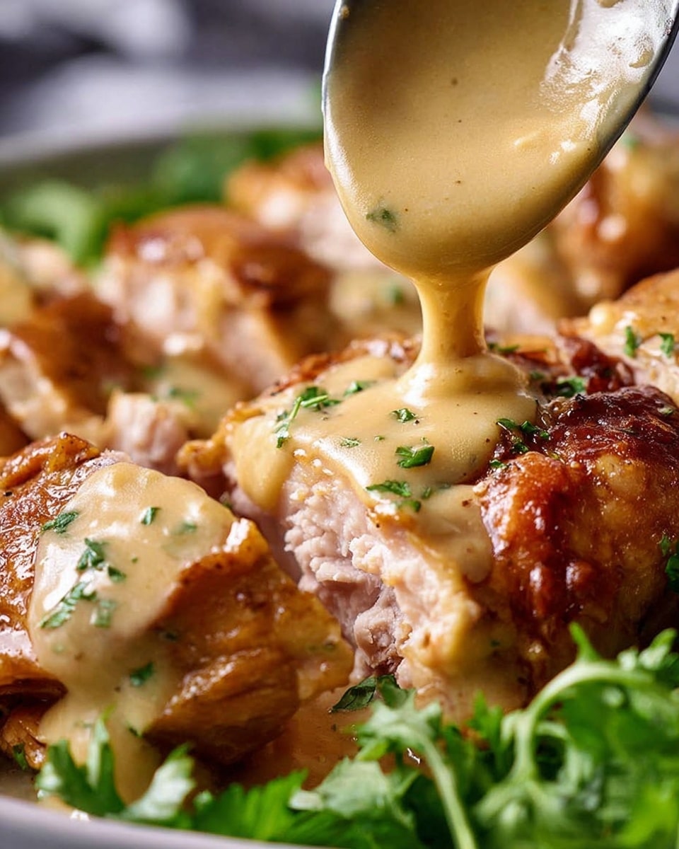 The image shows a close-up of cooked chicken pieces with crispy golden-brown skin, layered thick with creamy beige sauce being poured from a spoon onto the center piece. The sauce has a smooth texture with small bits of herbs sprinkled on and around the chicken. In the background, there is a soft blur of green leafy herbs adding a fresh touch. The chicken pieces appear tender, with some showing juicy light pink interior under the crispy skin. All the elements sit on a white marbled surface. Photo taken with an iphone --ar 4:5 --v 7